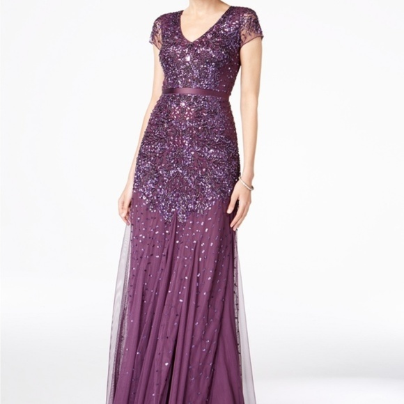 NWT Adrianna Papell CapSleeve Embellished Beaded sequined Gown Currant eggplant - Picture 1 of 8
